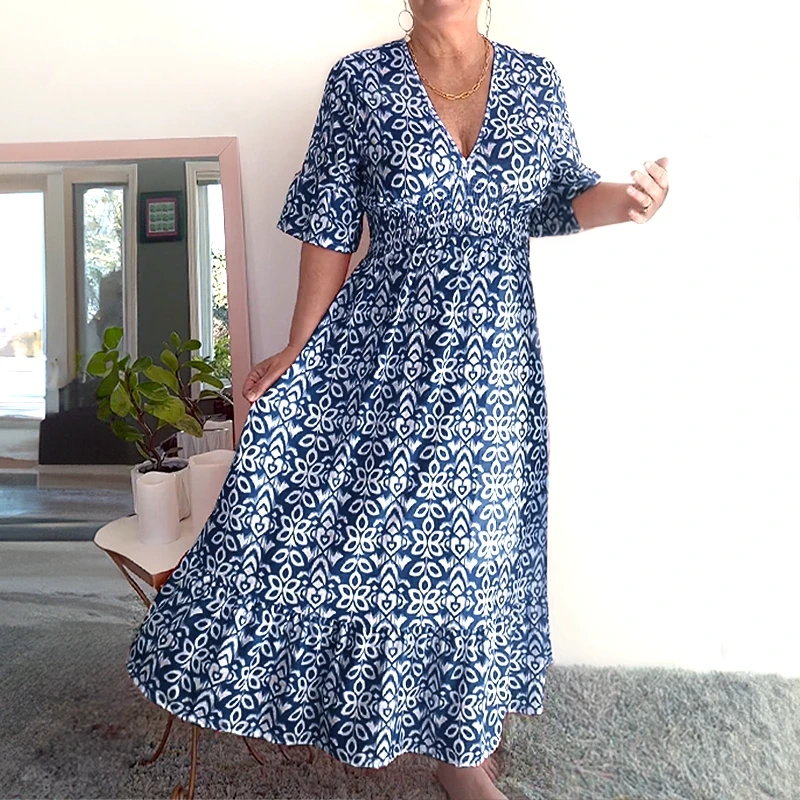 Bohemian casual print V-neck waist wrap long dress
