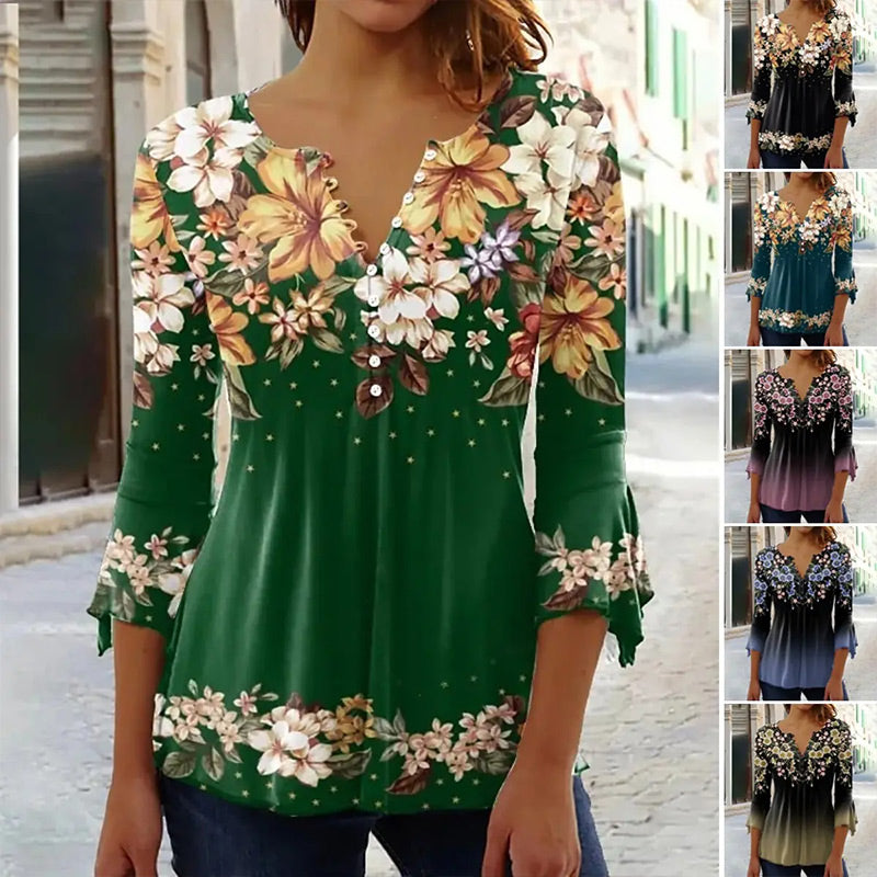 Women Elegant Floral Print V-Neck Top